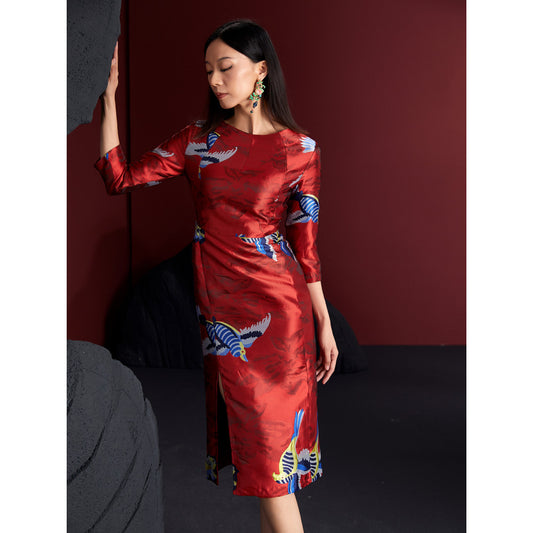ASAYA3988 🔴 Elegant Crimson Feather Cheongsam Dress 🕊️
