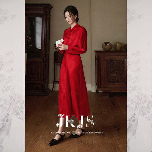 ASAYA3981 | Luxurious Red Jacquard Satin Dress ✨