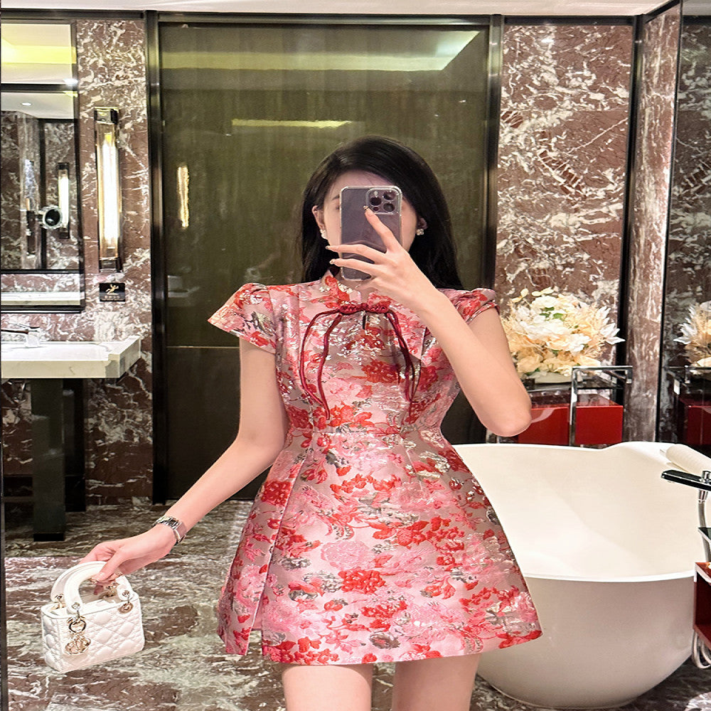 BETTER LS high end embroidered jacquard French retro Chanel style cheongsam dress slim floral short skirt image 2