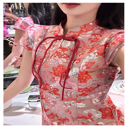 𝗔𝗦𝗔𝗬𝗔𝟯𝟵𝟲𝟱 ✨ Blooming Red Jacquard Cheongsam Dress 🌹
