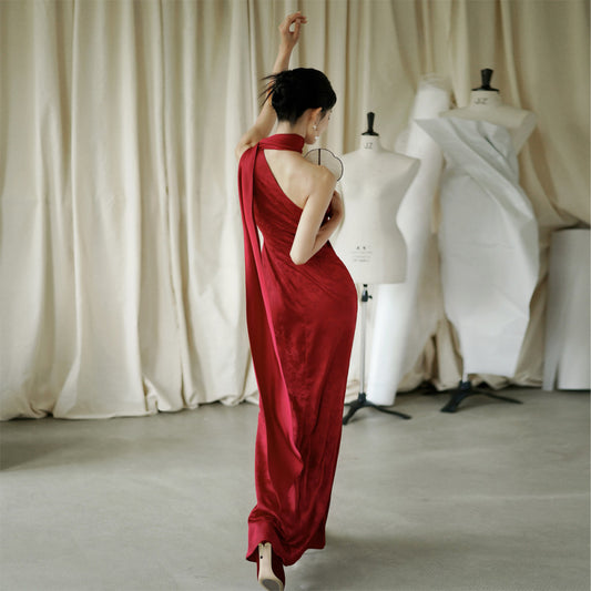 ASAYA3926: Elegant Red Jacquard Ribbon Gown ✨
