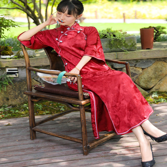 ASAYA3904 Red Hand made Button Long Sleeve Meiling lapel Cheongsam🌹