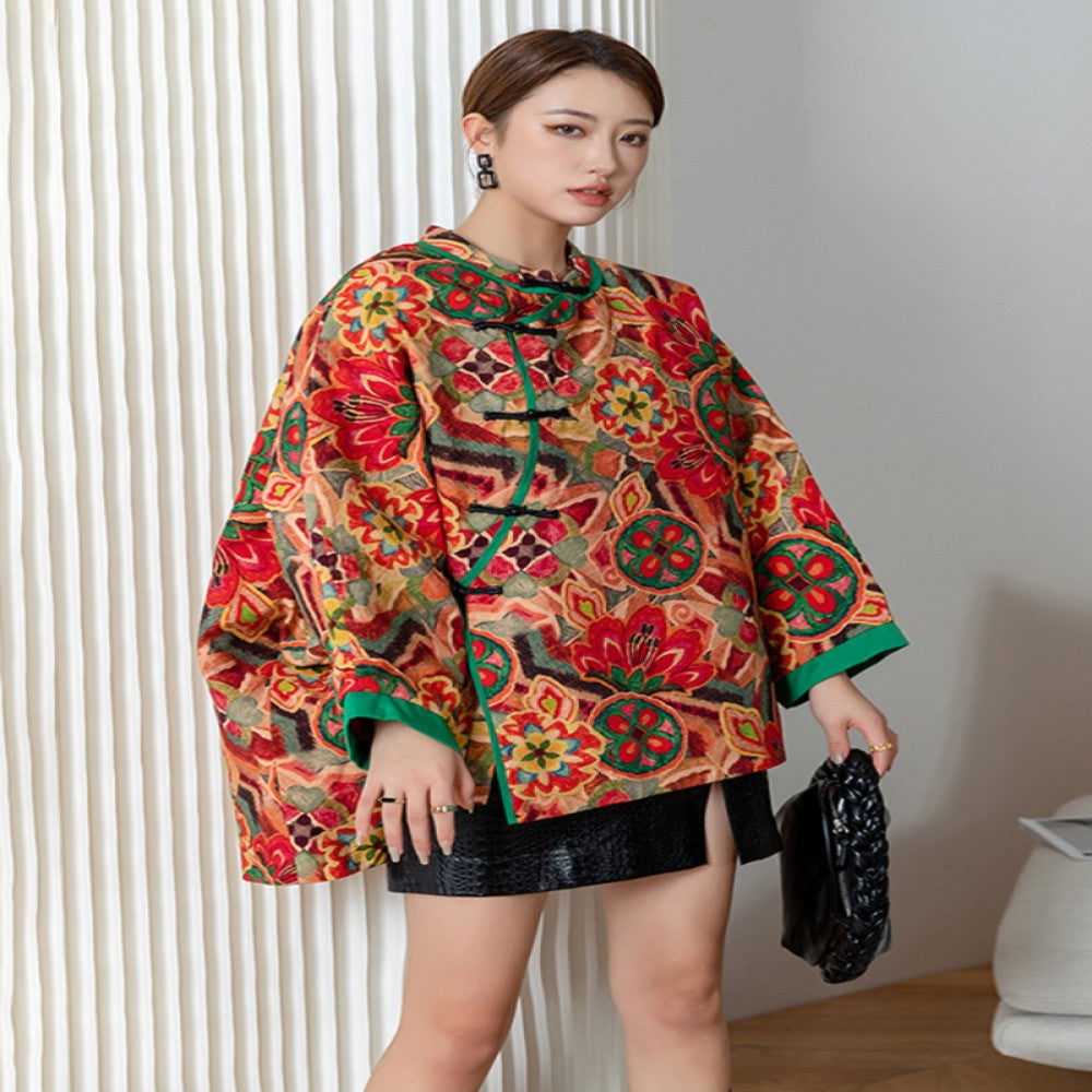 Wide version bat plus size Chinese printed thin cotton coat women s large flower plate button cotton coat loose Chinese style coat contrasting color splicing image 5
