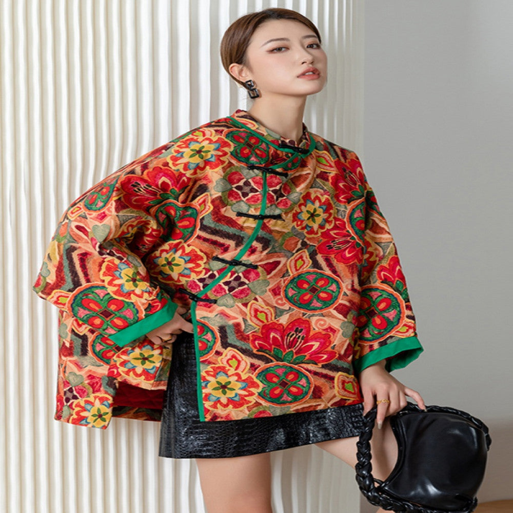 Wide version bat plus size Chinese printed thin cotton coat women s large flower plate button cotton coat loose Chinese style coat contrasting color splicing image 0