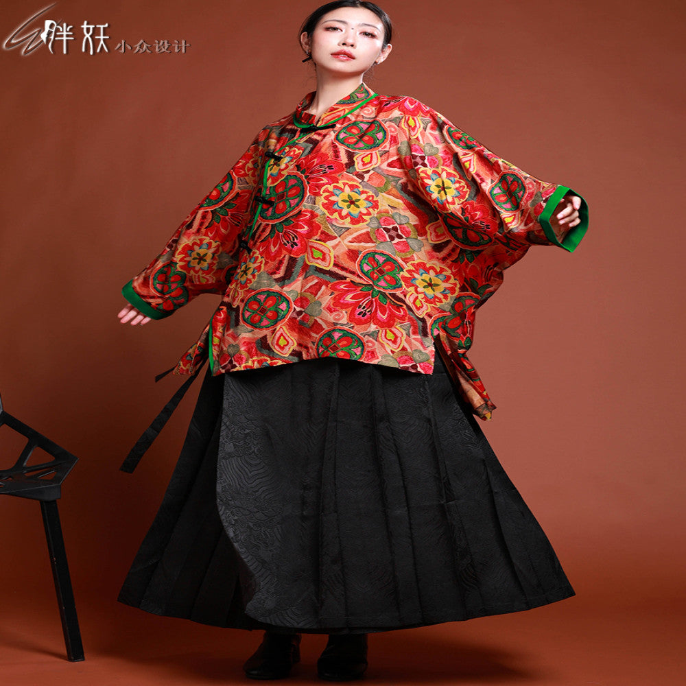 Wide version bat plus size Chinese printed thin cotton coat women s large flower plate button cotton coat loose Chinese style coat contrasting color splicing image 9