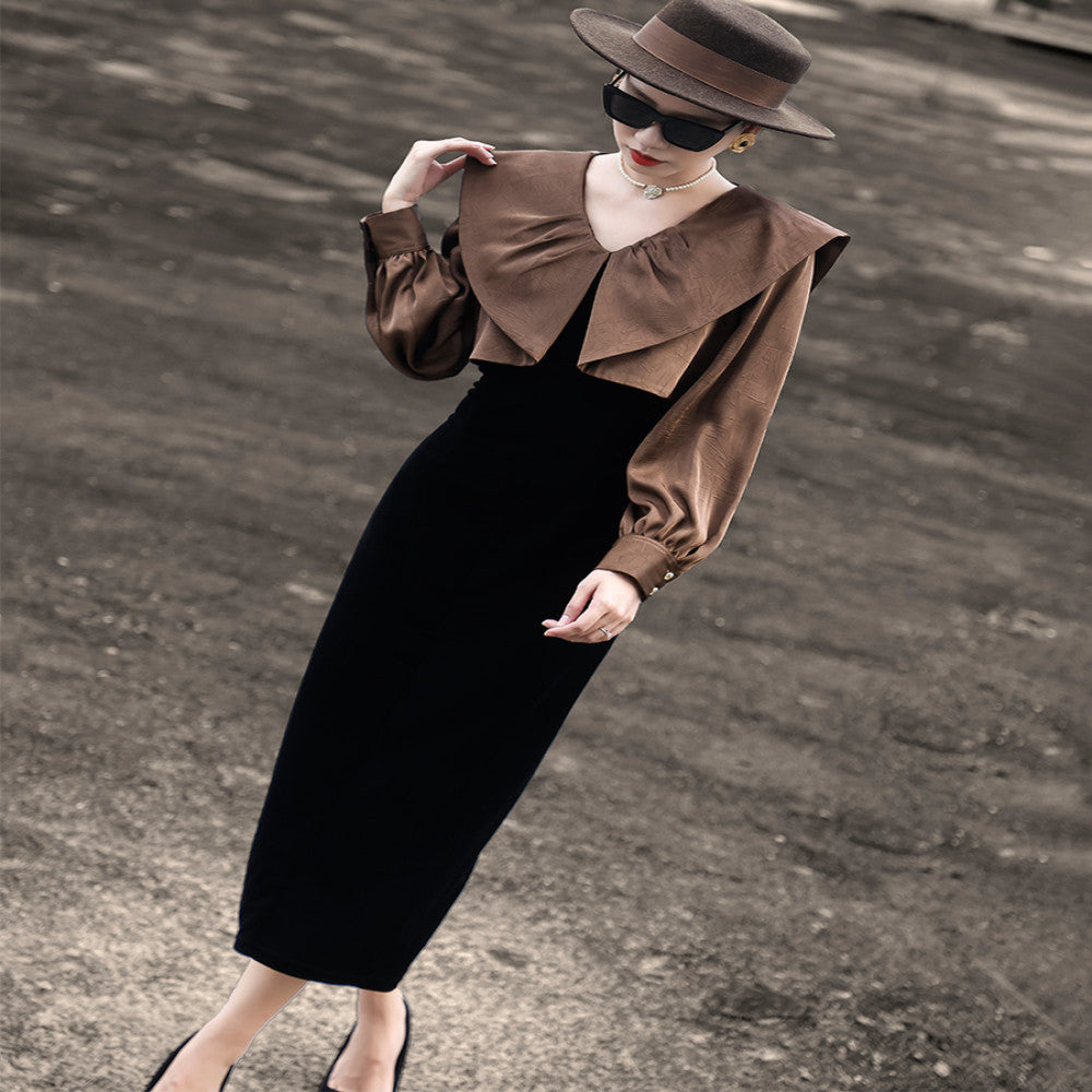 Lanser 2025 autumn new elegant false two piece stitching long sleeved doll collar black velvet dress image 2