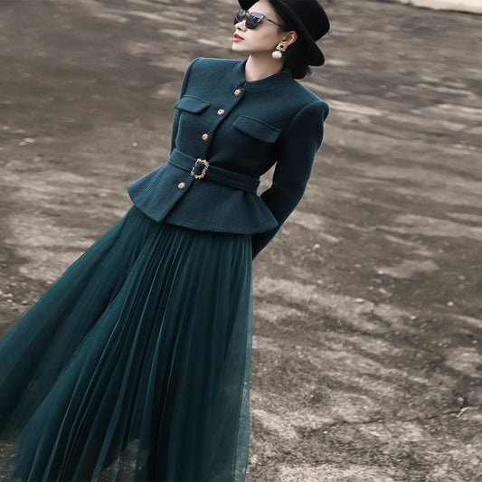 ASAYA3888 Elegant Wool Short Coat with Pleated Skirt Set