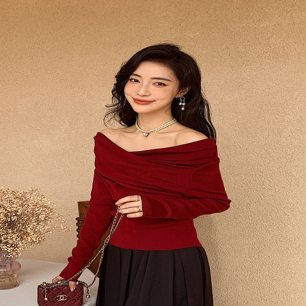 Burgundy 2025 Early Spring New Year of the Snake Zodiac Shirt Single line Collar Wool Sweater Ladies Bottom Top image 5