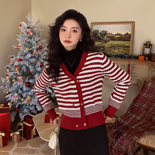 ASAYA3880 – Red Strip Wool Knitted Cardigan 🎉