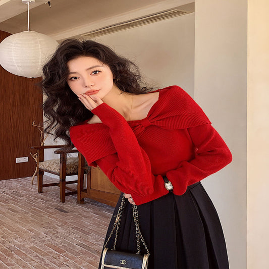 ASAYA3879 Red Off-Shoulder Knit Top