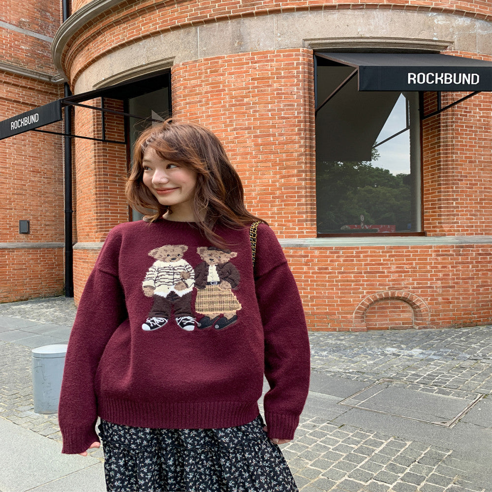 Hello Canon Retro Cartoon Bear Jacquard Round Neck Knitted Sweater for Women Spring New Loose Small Sweater image 4