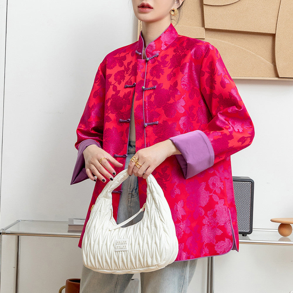 Rose red retro jacquard woven satin jacket for women with a sense of luxury foreign style and improved Chinese style New Chinese style buttoned top trend image 10