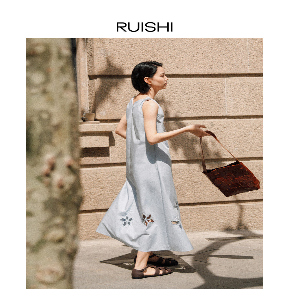 RUISHI s new heavyweight positioning hollow embroidery pure cotton sleeveless A line dress long skirt for women in summer image 2