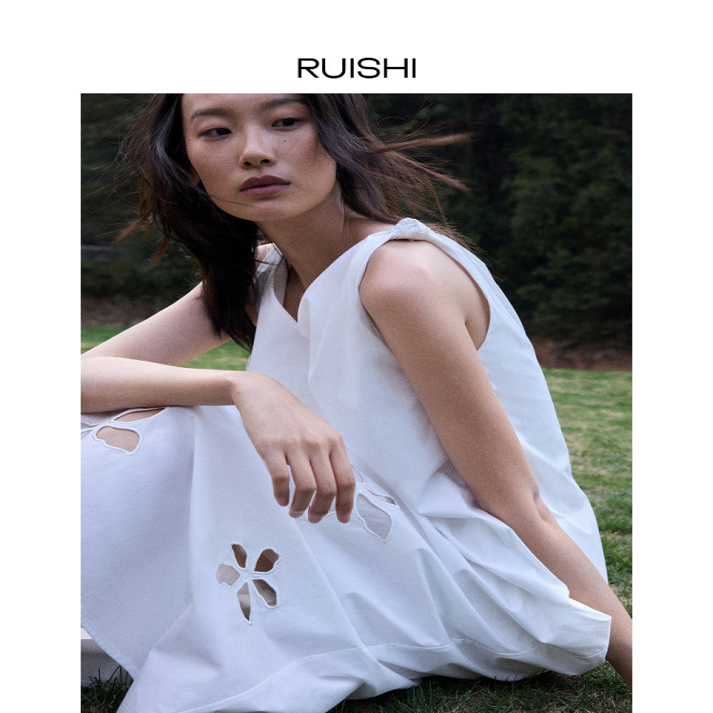 RUISHI s new heavyweight positioning hollow embroidery pure cotton sleeveless A line dress long skirt for women in summer image 4