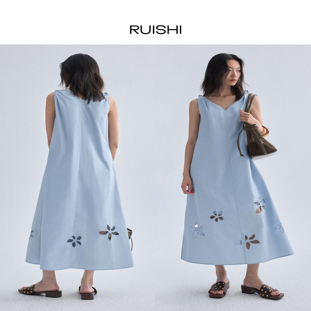 RUISHI s new heavyweight positioning hollow embroidery pure cotton sleeveless A line dress long skirt for women in summer image 5