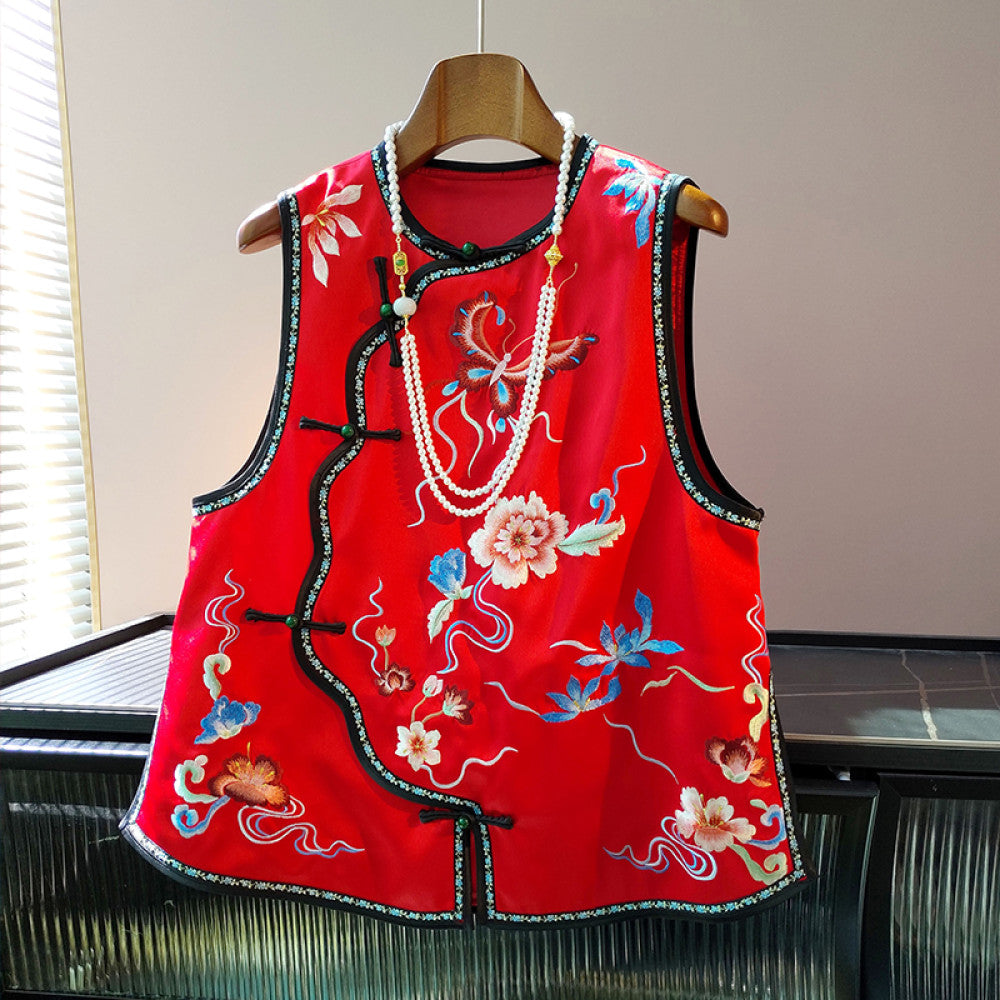 New Chinese style red acetate vest for women in autumn with a sense of luxury retro slanted collar Chinese style and buckle top image 8