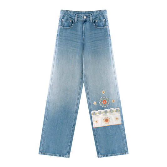 ASAYA3849: Embroidered Star Blue Straight-Leg Denim Pants💙