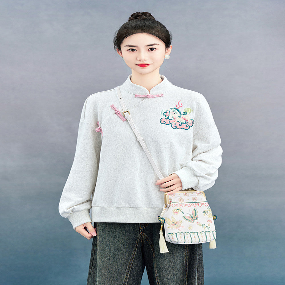 SOLO Original SOLO Spirit of Mountains and Seas Autumn New Chinese Style Embroidered Loose Stand Collar Sweatshirt image 2