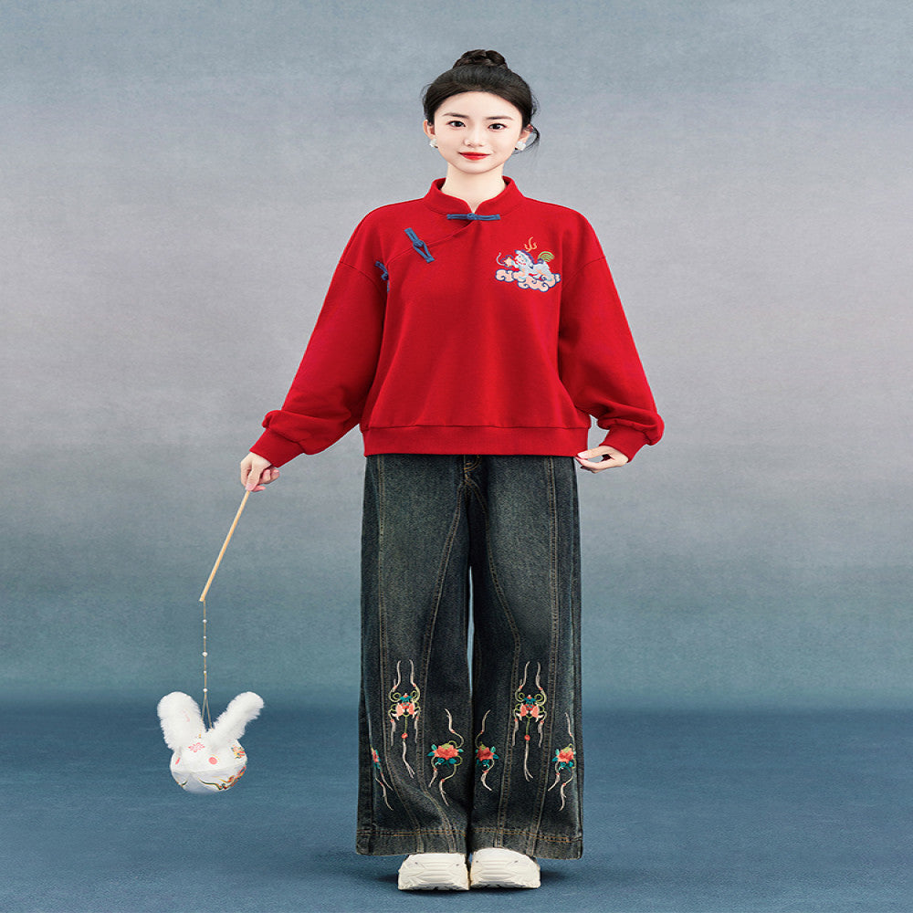 SOLO Original SOLO Spirit of Mountains and Seas Autumn New Chinese Style Embroidered Loose Stand Collar Sweatshirt image 3