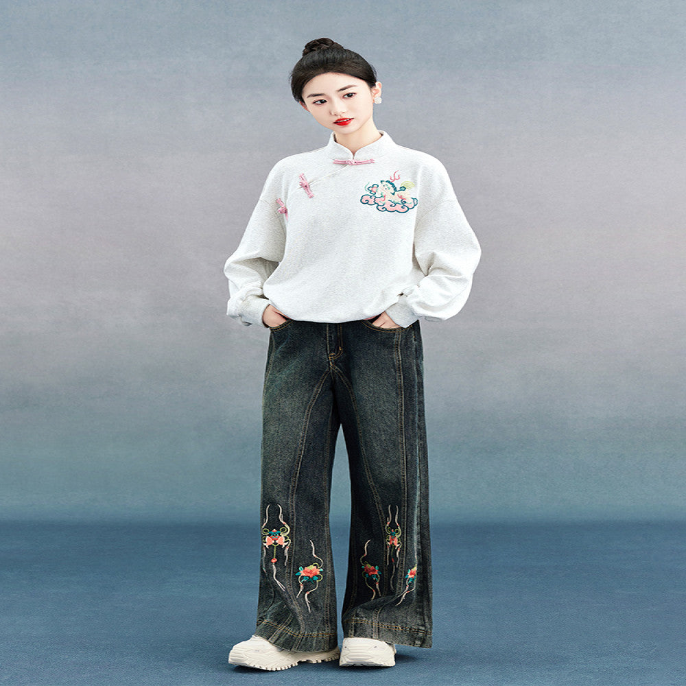 SOLO Original SOLO Spirit of Mountains and Seas Autumn New Chinese Style Embroidered Loose Stand Collar Sweatshirt image 4