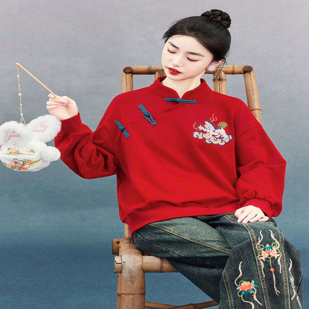 SOLO Original SOLO Spirit of Mountains and Seas Autumn New Chinese Style Embroidered Loose Stand Collar Sweatshirt image 0