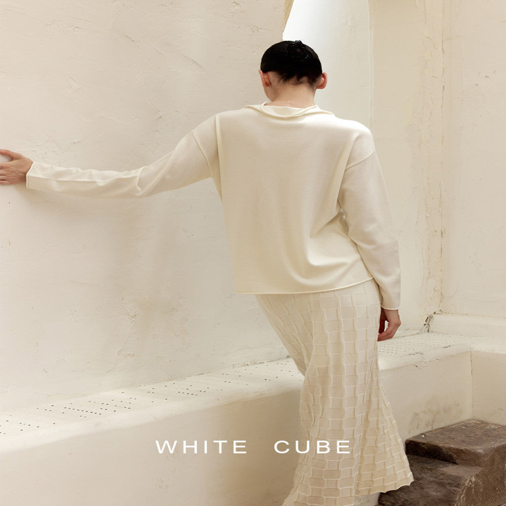 Whitecube Spring Lazy Style Simple Loose Wool Half High Collar Contour Curled Edge Knitted Sweater Top Women s Wear image 3