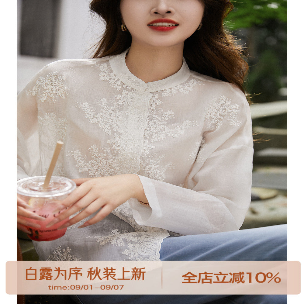 Xiaohan Pavilion Heavy relief pattern full ramie embroidery literary shirt female gentle temperament top spring and autumn image 0