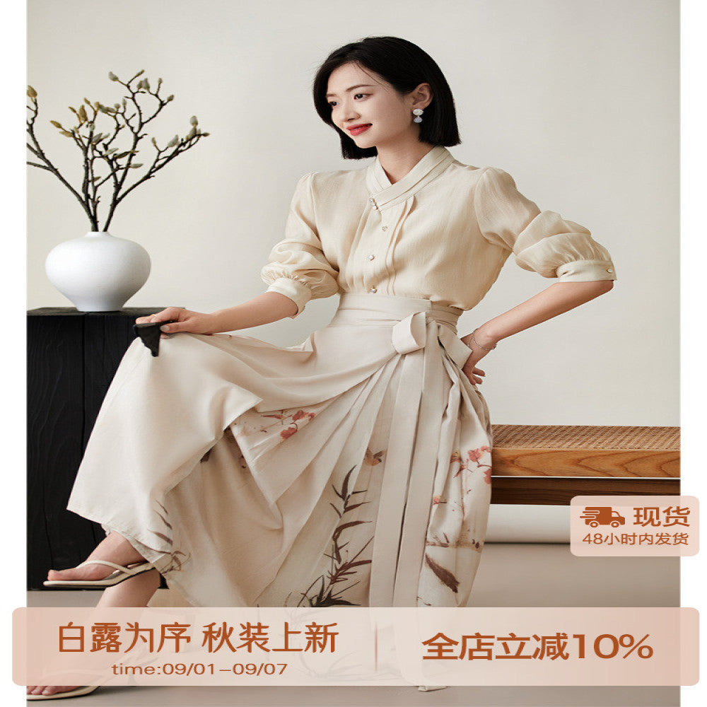 Xiaohan Pavilion Romantic Meeting Chinese Style New Chinese Top Positioning Flower and Bird Printed Horse Face Half Skirt Two Piece Set image 1