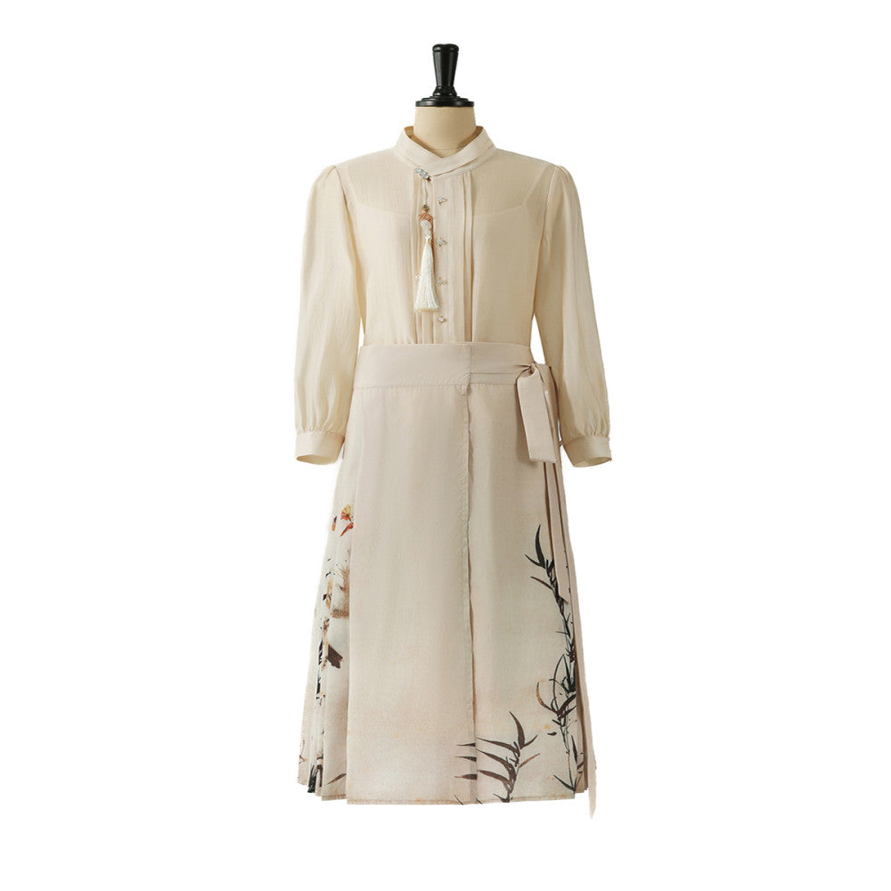 Xiaohan Pavilion Romantic Meeting Chinese Style New Chinese Top Positioning Flower and Bird Printed Horse Face Half Skirt Two Piece Set image 5