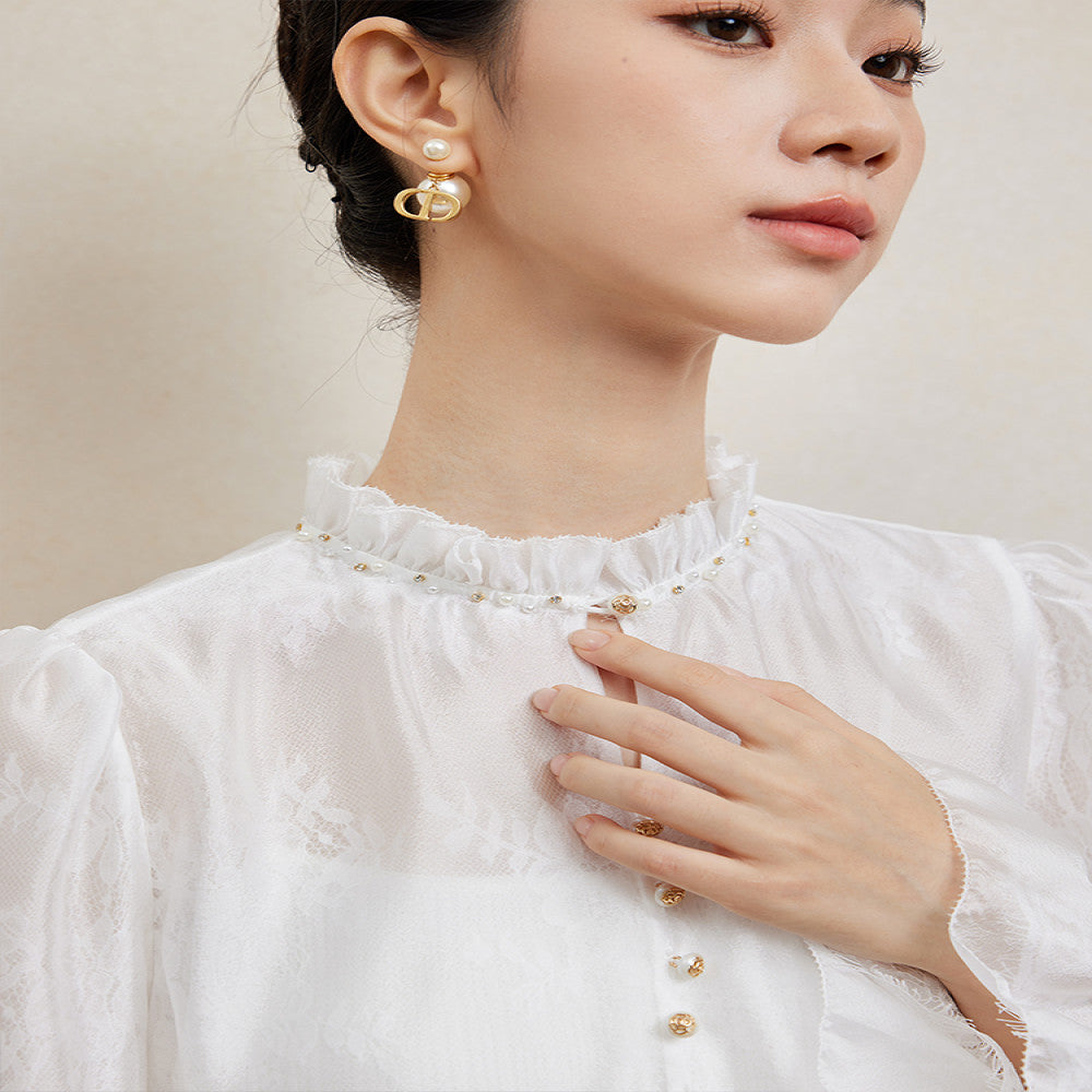 Jiaqi Custom Silk Collar and Cuffs Fully Hand beaded French Stand Collar Lightweight Double Lace Shirt image 2