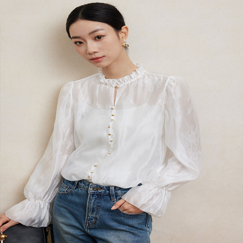 Jiaqi Custom Silk Collar and Cuffs Fully Hand beaded French Stand Collar Lightweight Double Lace Shirt image 3