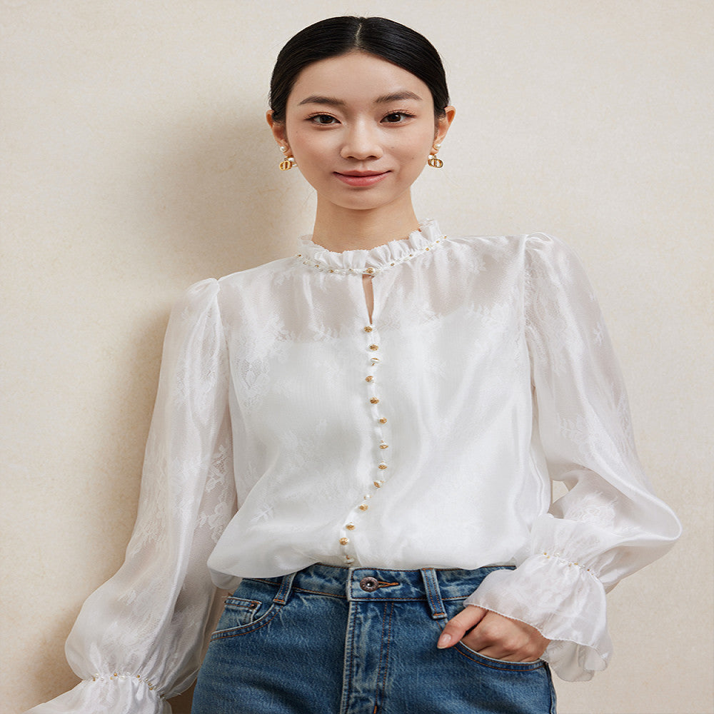 Jiaqi Custom Silk Collar and Cuffs Fully Hand beaded French Stand Collar Lightweight Double Lace Shirt image 4