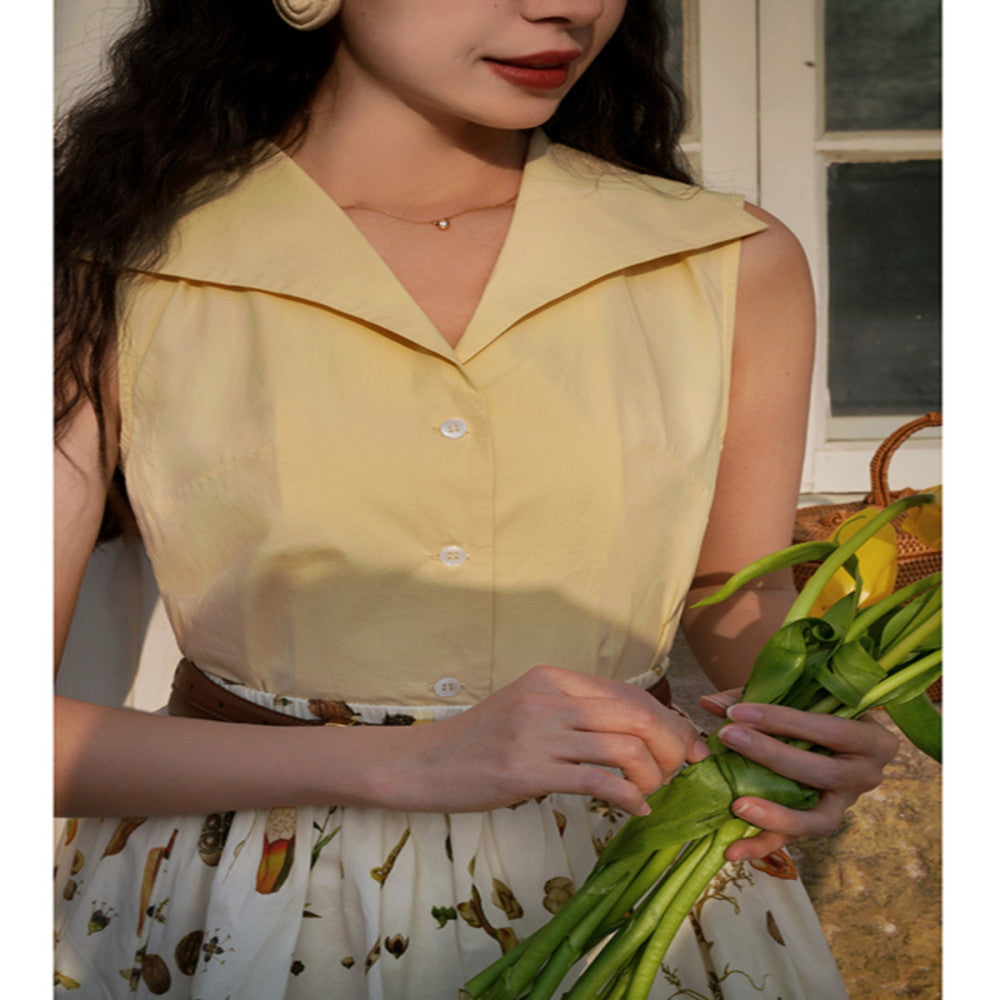 Ching s French Retro Colorful Large Collar Shirt Cool and Exquisite Versatile Small Shirt Sleeveless Commuter Top Summer image 2