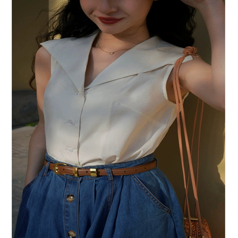 Ching s French Retro Colorful Large Collar Shirt Cool and Exquisite Versatile Small Shirt Sleeveless Commuter Top Summer image 3