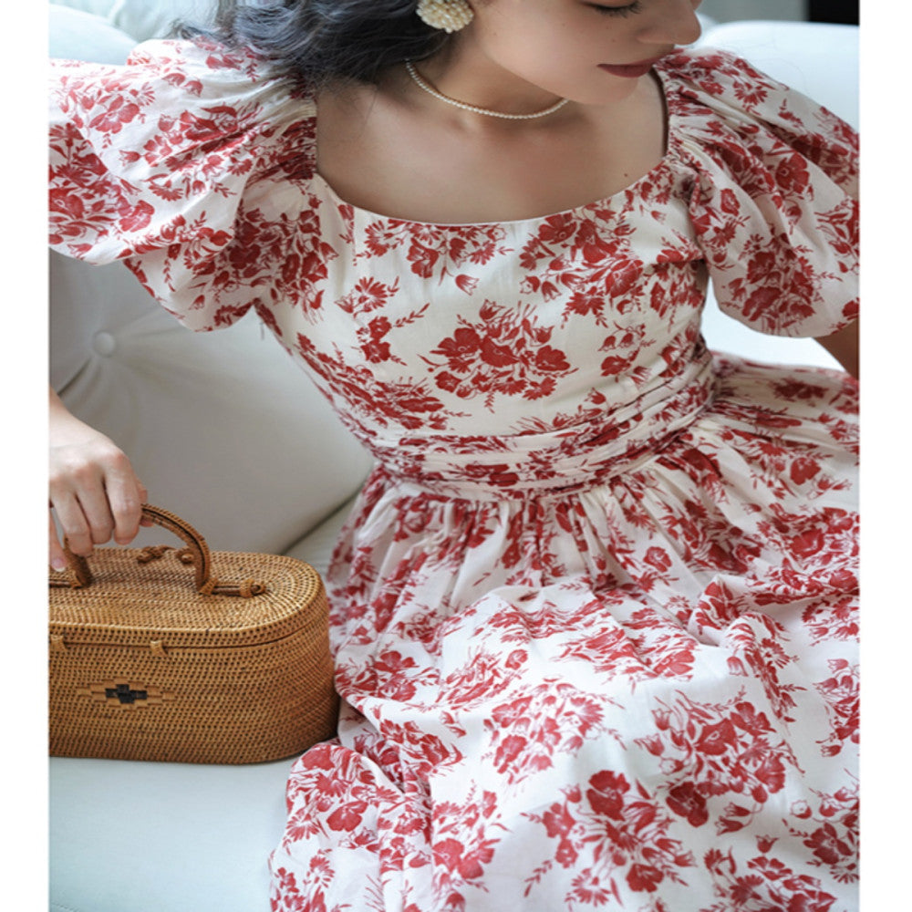 Chings French retro one neck printed dress with Hepburn style high waist slimming bubble sleeves cotton A line skirt image 0