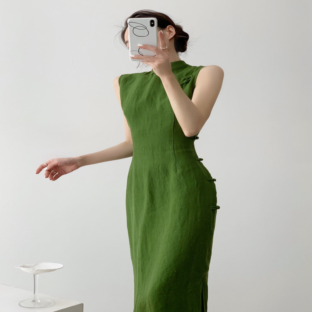 Srose moss green retro original new Chinese style improved daily cheongsam skirt Chinese style linen dress 2024 new style image 3