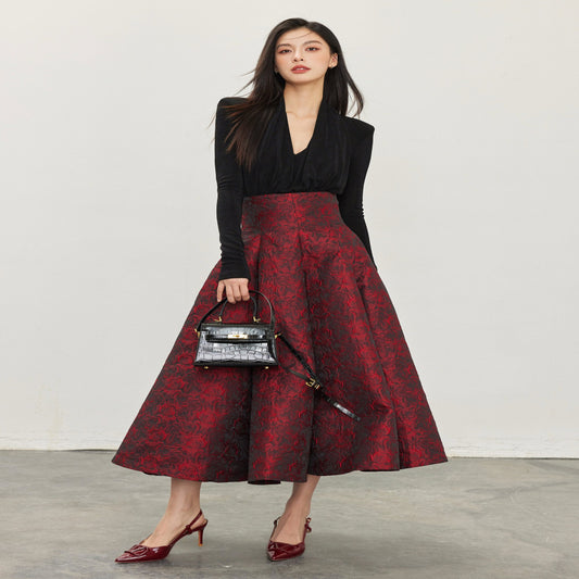 ASAYA-3745 Red Rose Jacquard High-Waist Skirt 🌸