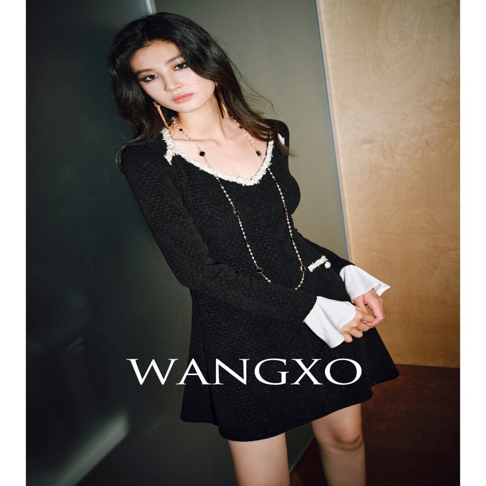 WANGXO Dark Night Star River Luxury Silver Silk Beibei Grid Detachable Trumpet Sleeve Small Fragrant Wind Dress image 4
