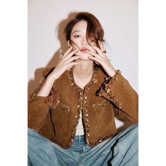 🧥 ASAYA3725 Sequin Embellished Brown Jacket