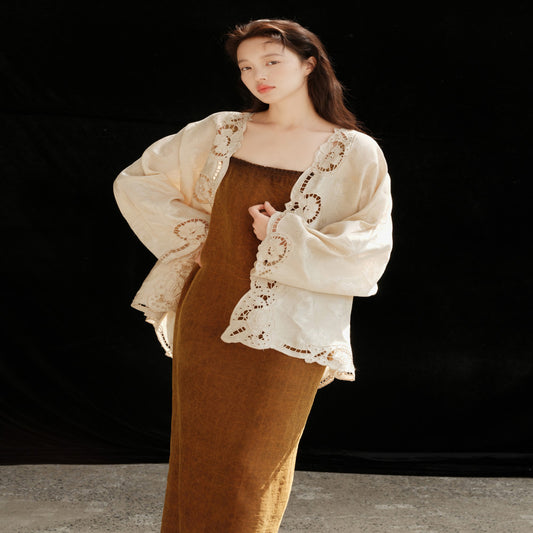 ASAYA3723 Gold Tulip Jacquard Jacket with Hollow Laser Embroidery | Retro Palace-Inspired Long Sleeve