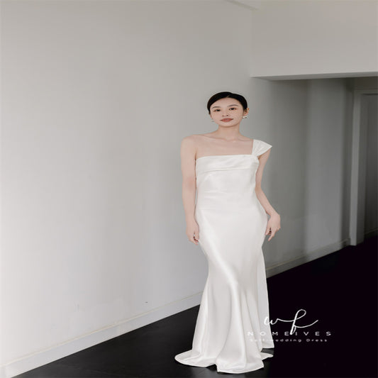 ASAYA3706 White morning gown one shoulder slim fishtail satin evening dress