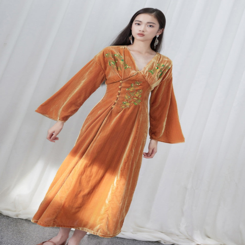 Designer hand painted osmanthus embroidery and sequins New Chinese style velvet dress image 3