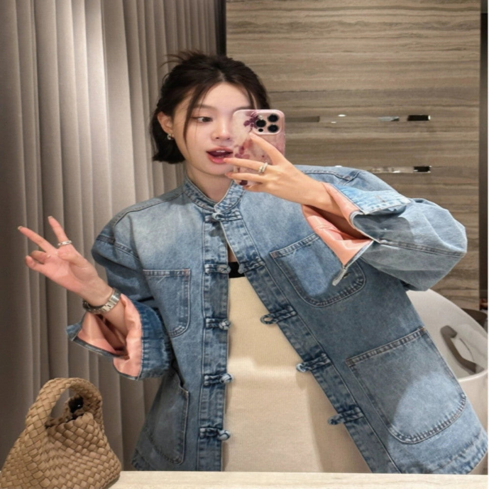 New Chinese style denim jacket women s early spring 2025 new design niche retro buttoned Chinese style shirt top image 1
