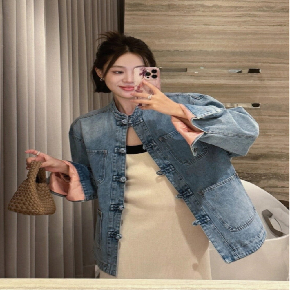 New Chinese style denim jacket women s early spring 2025 new design niche retro buttoned Chinese style shirt top image 2