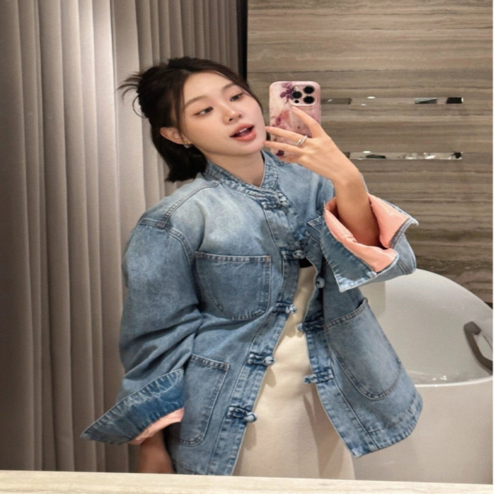 New Chinese style denim jacket women s early spring 2025 new design niche retro buttoned Chinese style shirt top image 3