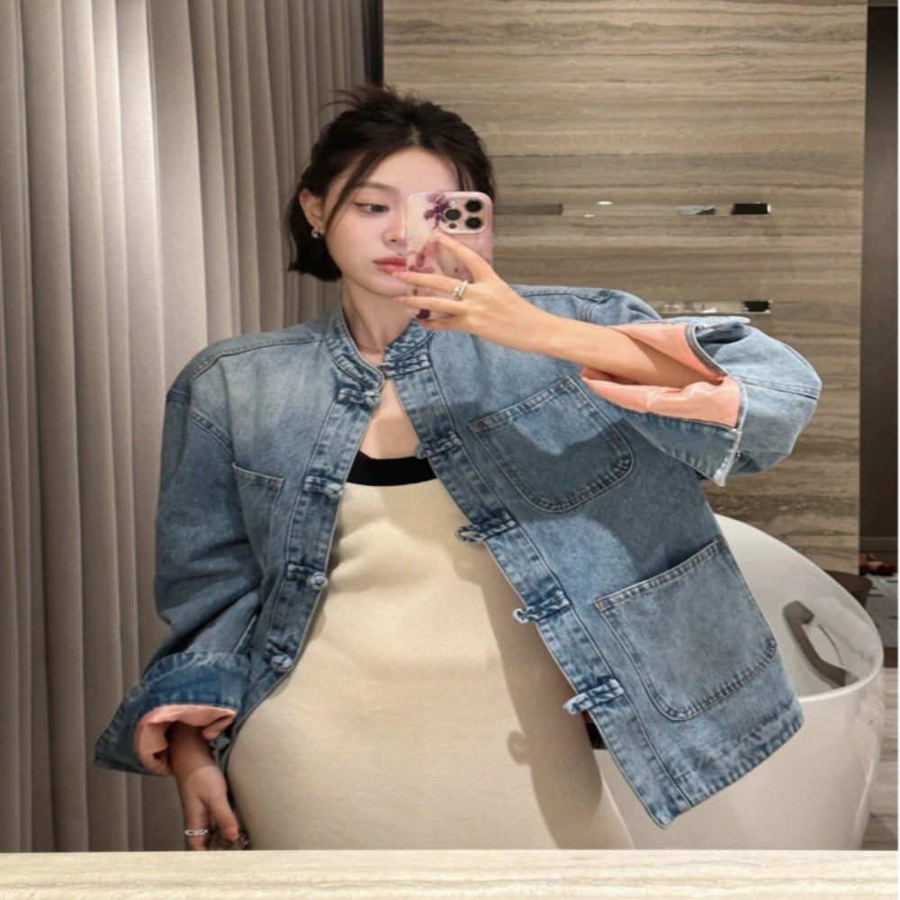 New Chinese style denim jacket women s early spring 2025 new design niche retro buttoned Chinese style shirt top image 4