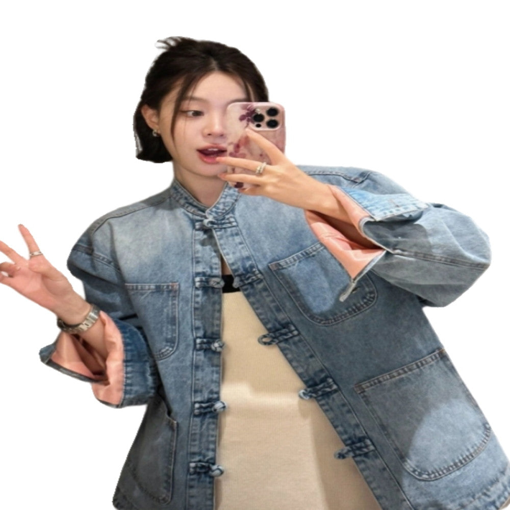New Chinese style denim jacket women s early spring 2025 new design niche retro buttoned Chinese style shirt top image 5