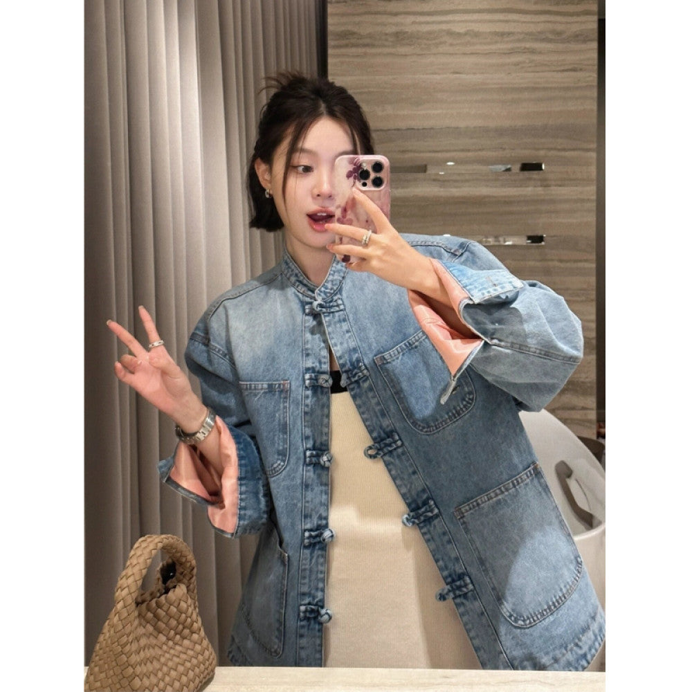 New Chinese style denim jacket women s early spring 2025 new design niche retro buttoned Chinese style shirt top image 7