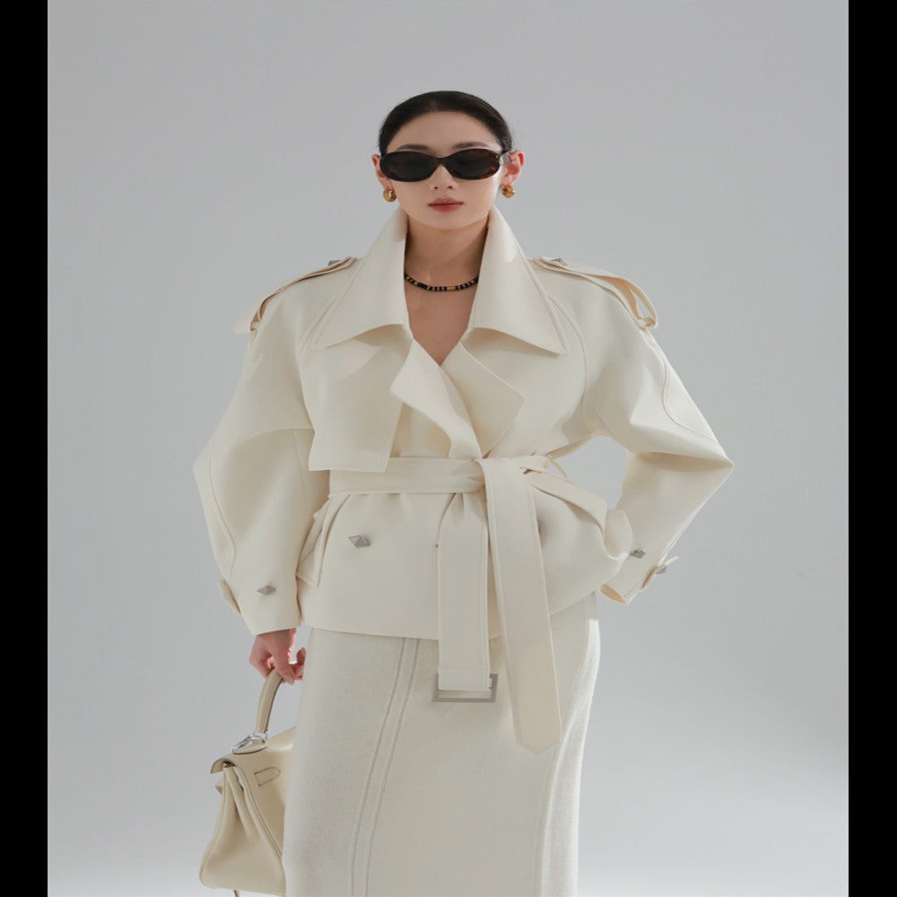 PIAOIN European and American metal rivet design high waist long windbreaker women s loose commuting autumn and winter windbreaker jacket new style image 2