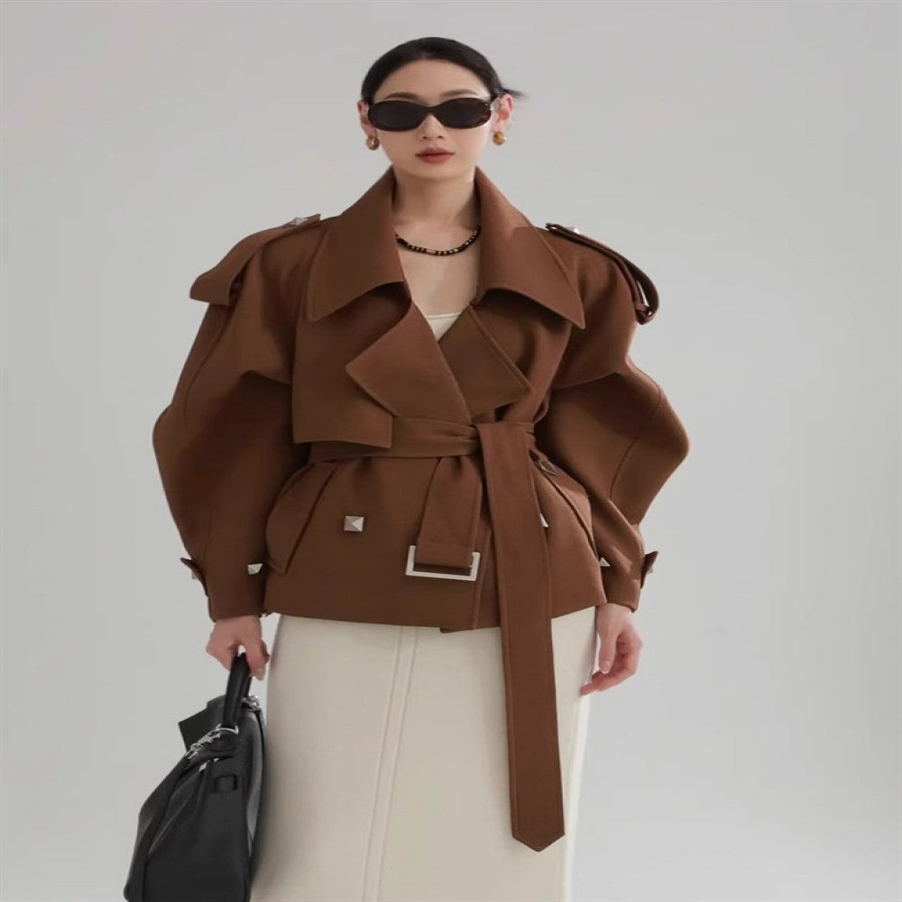 PIAOIN European and American metal rivet design high waist long windbreaker women s loose commuting autumn and winter windbreaker jacket new style image 3